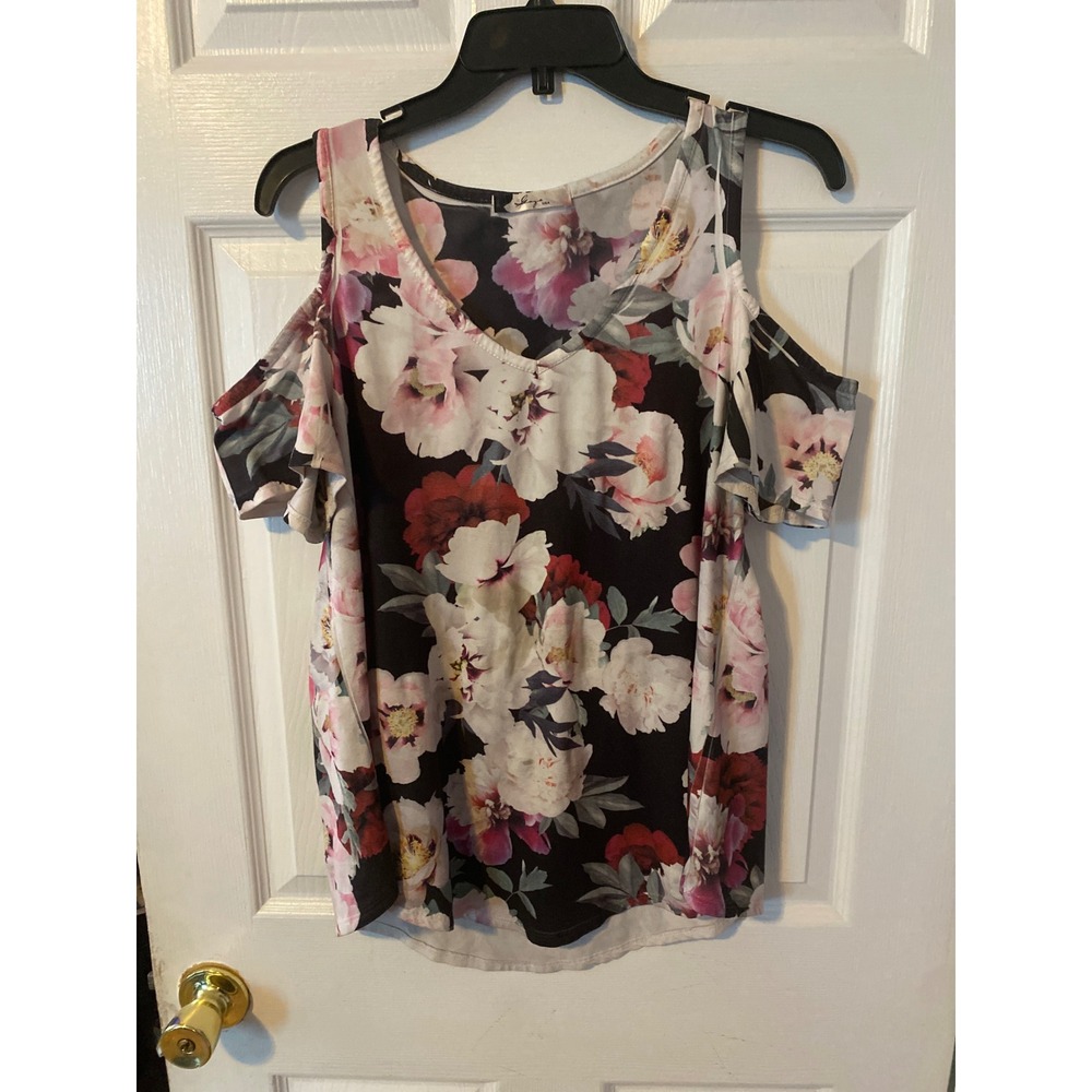 Gaze USA Floral Cold Shoulder Top Black Pink V-Neck Short Sleeve Blouse